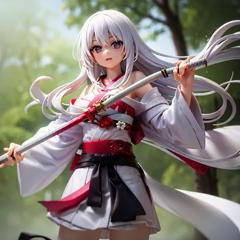 Girl with flowing long white hair, white eyes, in a white kimono, holding a katana