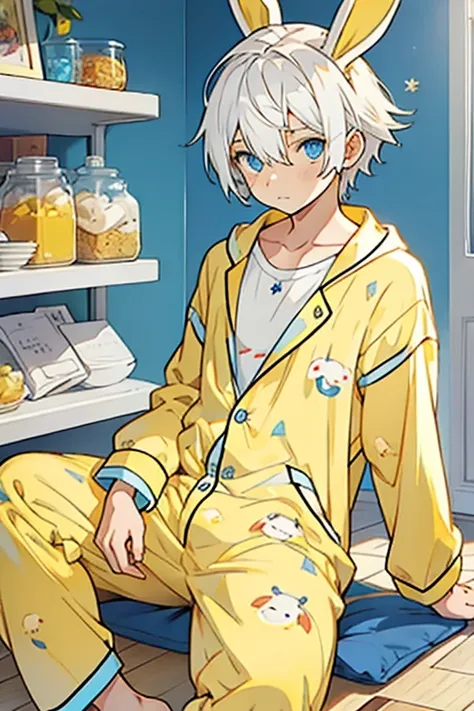 Small young man white hair blue eyes wearing yellow bunny pajamas 