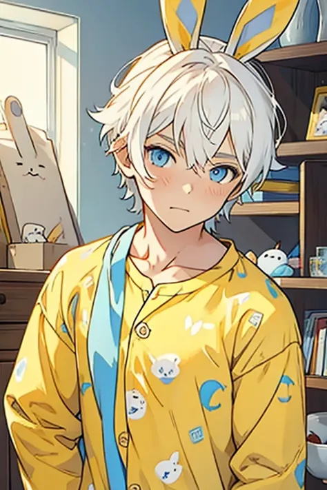 Small young man white hair blue eyes wearing yellow bunny pajamas 