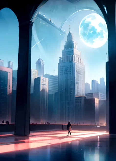 inside a luxury office building, tall columns, vaulted ceilings, spacious hall, interior of the future, space academy interior, behind the high arched windows there is a city with skyscrapers, spaceships fly across the sky, frame from the floor, illustrati...