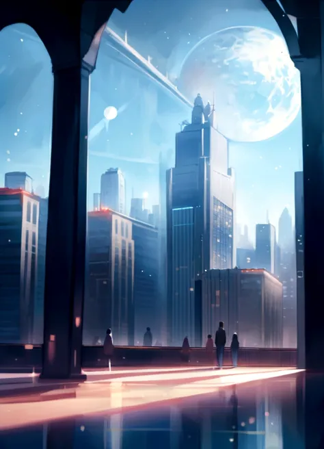 inside a luxury office building, tall columns, vaulted ceilings, spacious hall, interior of the future, space academy interior, behind the high arched windows there is a city with skyscrapers, spaceships fly across the sky, frame from the floor, illustrati...