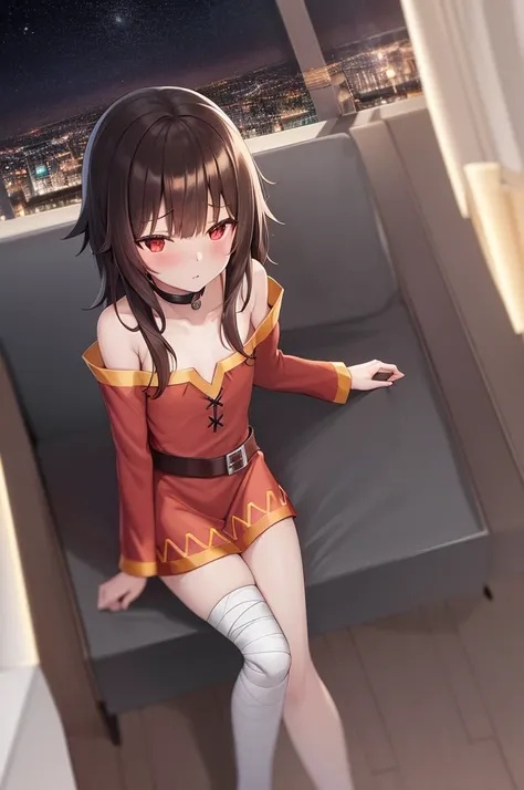 Megumin, One girl，alone，Short and long hair，Brown Hair，Red Eyes，Small breasts，clavicle，Red dress，Gold border，Black choker，Nipples，Bandage on leg，Hotel Rooms，Night view of skyscrapers，Orange lighting，Top view，