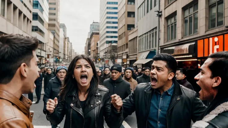 angry people shouting on the street, women, men, big city