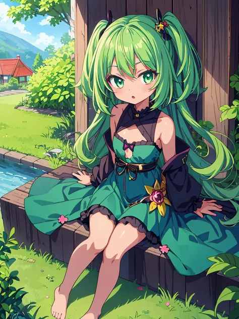 loli,masterpiece, highest quality,highquality,HD,anime,small female,cute,pretty,kawaii,micro body,Green hair,Barefoot,slanted eyes,,ebony skin,arms behind