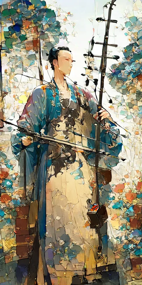 1man, young man, tall and thin, playing erhu,holding erhu, wearing hanfu, (((masterpiece,best quality))),((good structure,Good composition,good atomy)), ((clear, original,beautiful)),