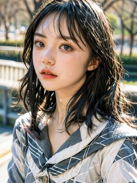 Highest quality, 8K,  ,masterpiece :1.3)), In-person audience,((Whole body 1.2)) ,Beautiful woman, Wide Shot ,One girl, , Selfie   , Black Hair, Brown Hair  , bangs,Highly detailed face, Highly detailed lips, Fine grain, double eyelid