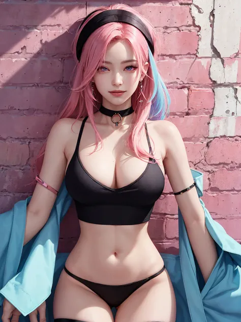 (Masterpiece, best quality, 1 girl, alone, complicated details, Chromatic aberration), realistic, ((Moderate breath)),long hair, pink hair, Red headpiece, Pink Highlights, hair on one eye,purple eyes, earring, sharp eyes, choker, Neon coat, She wears a col...