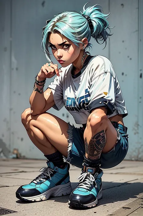 Highest quality:0.8), (Highest quality:0.8), Perfect anime illustration, A girl with a casual side ponytail and cropped hair、Future punkish distressed jeaniddle finger up。Sneakers that look light on the feet。light blue lip。Sharp Eyes。Overall image of a ton...