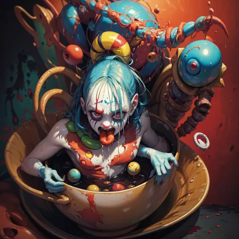 a painting of a zombie eating a bowl of PILLS, a hyperrealistic painting, by Jason Edmiston, cutecore clowncore, tentacle creature mix, horror wallpaper aesthetic, greg beeple, clown, art depicting control freak, cutout, kill -blur art, rendering, horrifyi...