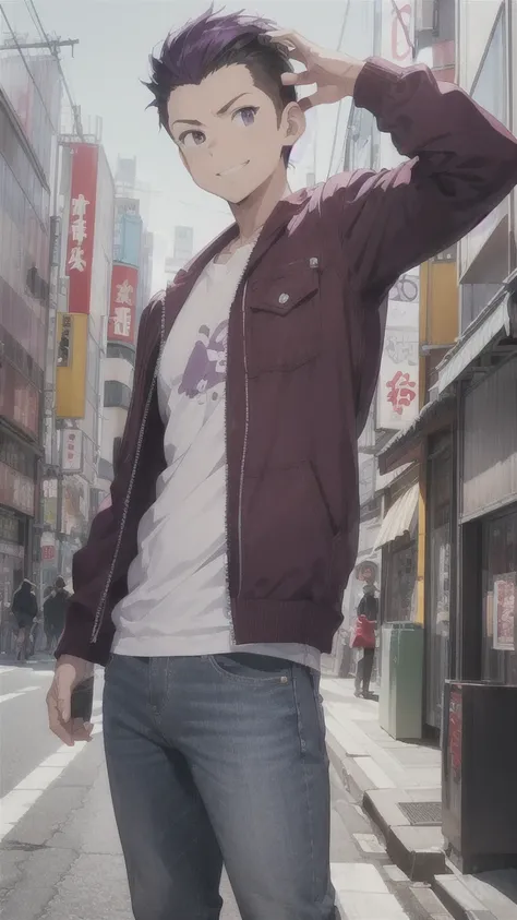 Bad boy, low angle, purple pompadour, red jacket and jeans, looking at camera, smiling, Tokyo city，Pocket Hand，anime