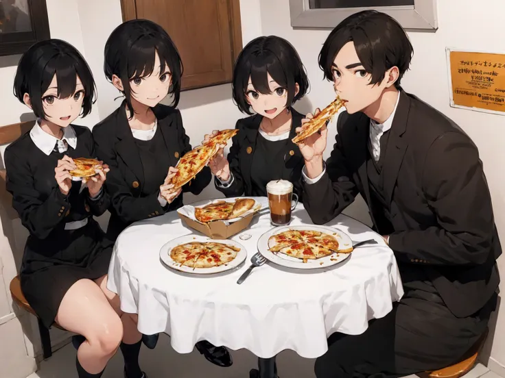 big family eating pizza 、short black hair、black jacket、black slacks、white patent leather shoes、coffee with lots of ice