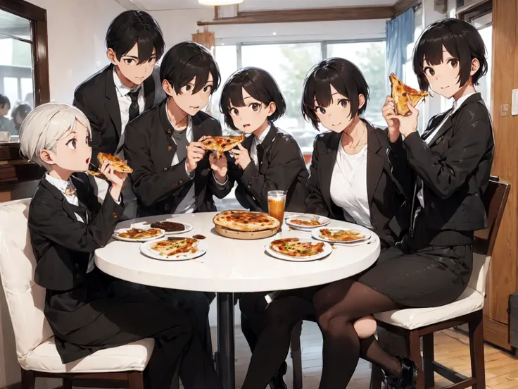 big family eating pizza 、short black hair、black jacket、black slacks、white patent leather shoes、coffee with lots of ice