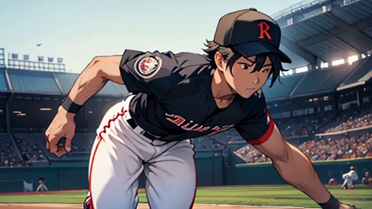 "create a realistic image of takefusa kubo playing as a shortstop in a baseball game. he should be wearing a professional baseba...