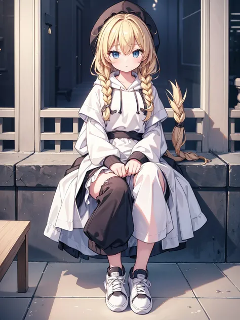 masterpiece, top quality, super detailed, CG illustration, high resolution, better lighting, best shadows, very delicate and beautiful, proper shading, hd, 8k,kirisame marisa, 1girl, solo, blonde hair, braid, shoes, alternate costume, pants, hood, hoodie, ...