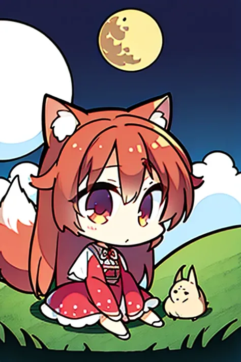 A red haired fox woman with a left red eye and right blue eye with an hourglass figure with red fox ears and a red fox tail in a cute summer dress is sitting in front of a full moon in the park