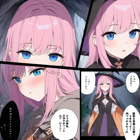 ((highest quality)), ((masterpiece)), (detailed)), 1 Blue eye purple hair woman in a cave comic ebook storyboard 8k HD Three HQ panels Speech expression Looking at a witch with pink hair and blue eyes in a cave