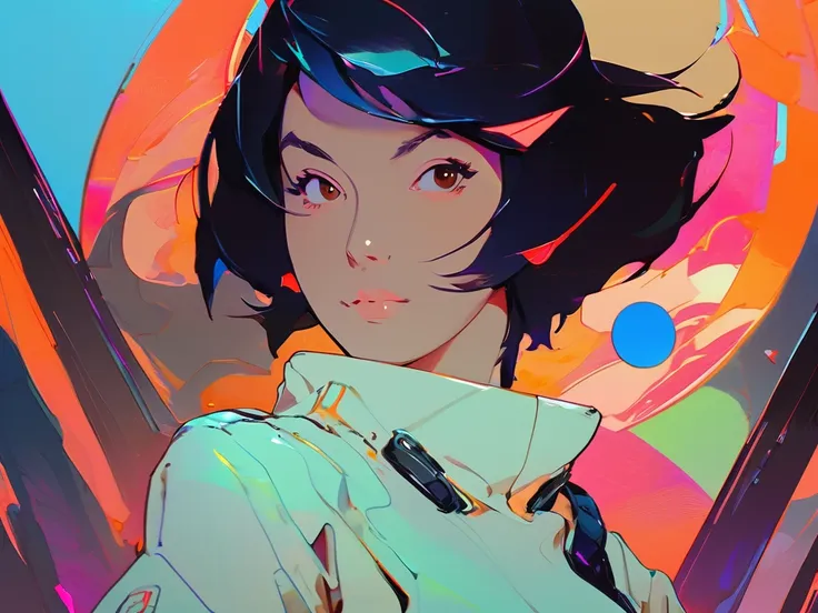 androgynous asian with short black hair and brown eyes standing in front of a colorful scifi background, artgerm and atey ghaila...