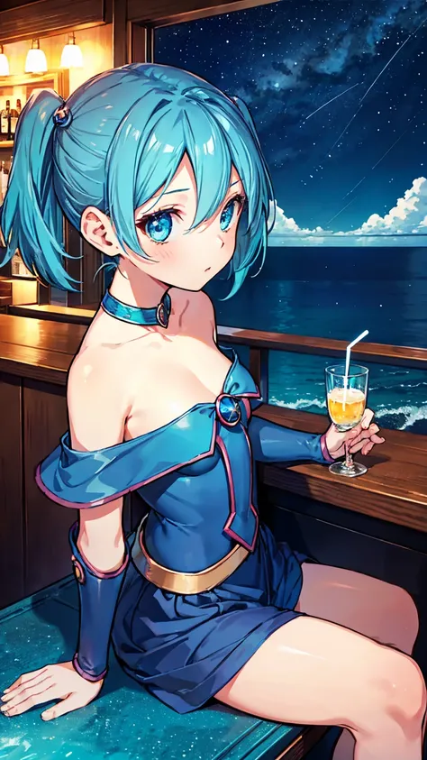 Bar in the sky, 1girl, solo, alone, ,flat chest,blue hair,short twintails,middle hair,sky blue eyes,sitting at bar counter, from side, drinking, (ocean:1.3), candles, starry sky, shooting stars, masterpiece, best quality, ultra detailed,bar