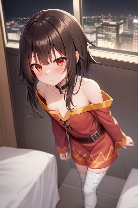 Megumin, One girl，alone，Short and long hair，Brown Hair，Red Eyes，Small breasts，clavicle，Red dress，Gold border，Black choker，Nipples，Bandage on leg，Hotel Rooms，Standing by the window，Night view of skyscrapers，Orange lighting，Top view，