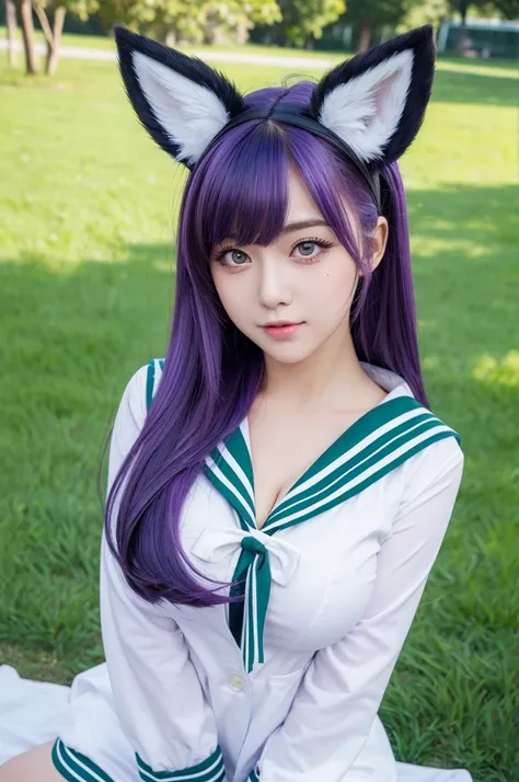 ((masterpiece)), ((best quality)), (ultra-detailed), upper body, dynamic angle, green meadow, a cute girl, solo, sailor suit, beautiful purple hair, beautiful black eyes, (beautiful eyes), fox ears, ahegao