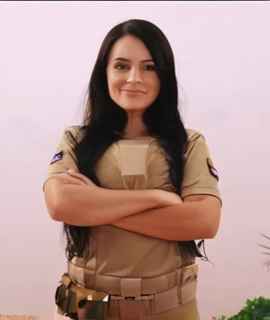 Woman of medium height and build, dark brown hair almost black and straight not so long, banita smile and help, half torn and black eyes , one lens, military uniform, Realistic, 4k 