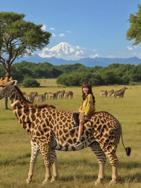 (Animals playing in the wide grassland、animal paradise、giraffe、lion、Cheetah、Antelope、zebra、an eagle is flying in the sky、elephant、I can see some green trees、I can see the hut、sunset、A small mountain range in the distance、High color rendering、high detail、Li...