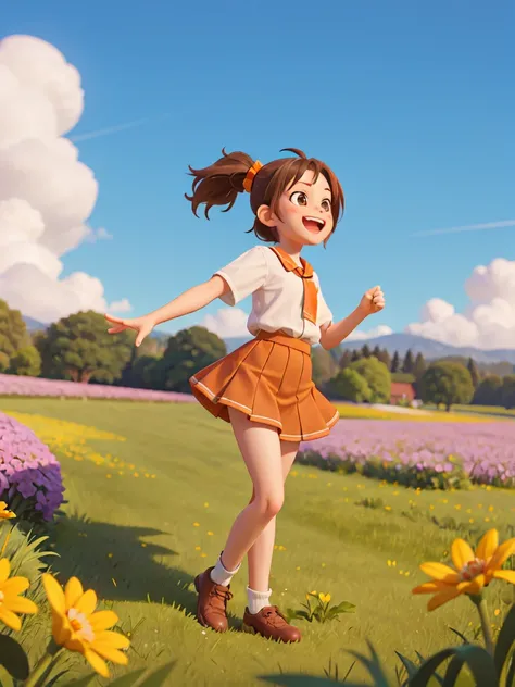 A 6 year old girl，Cute and naughty，Exaggerated actions，Smiling and making faces, Dark Brown Ponytail，Short orange skirt，Standing on a meadow full of flowers，Sunshine on the face，Medium shot，Studio Gippley style，Miyazaki style，2.5D，Game texture，lifelike