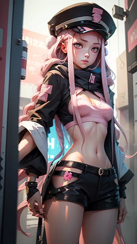 Beautiful woman medium hair, Wearing a hat, Cyberpunk Shorts,masterpiece, Highest quality, High resolution, (An illustration),{Detailed and beautiful eyes}, finely,  Detailed and beautiful eyes,Pink Eyes,(((Long pink hair))),(Small breasts),Kunimi Tama,