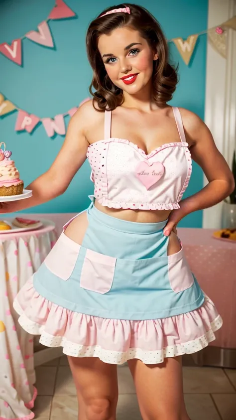 photo of a brunette pinup girl holding a cake in an apron in pinup style sends a kiss beautiful party room birthday bright light colors pastel mini skirt with polka dots posing in pinup style flirting