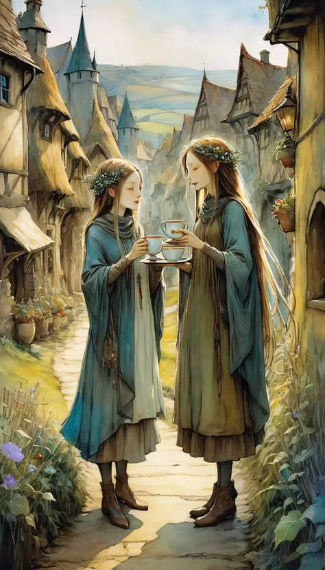 a woman and a girl pass a luxurious cup from one to another happy, joy, medieval village in landscape view (art inspired by Brian Froud and Carne Griffiths and Wadim Kashin, intricate details, oil painting)
