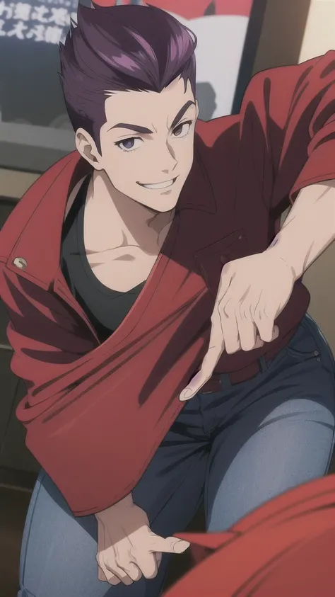 Bad boy, low angle, purple pompadour, red jacket and jeans, looking at camera, smiling, Tokyo city，Pocket Hand，anime