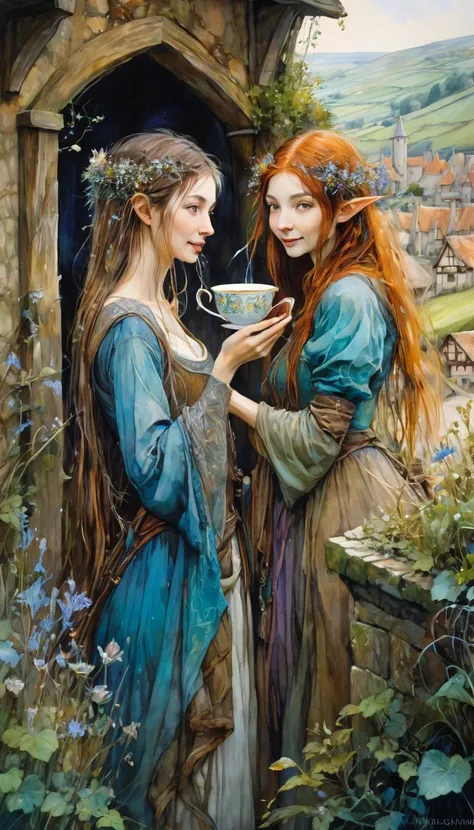 a woman and a girl pass a luxurious cup from one to another happy, joy, medieval village in landscape view (art inspired by Brian Froud and Carne Griffiths and Wadim Kashin, intricate details, oil painting)
