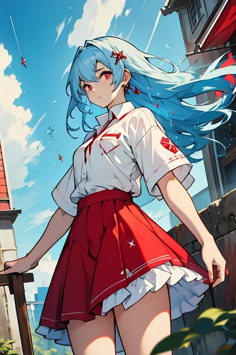 Girl long sky blue hair red eyes blood white shirt denim skirt full of haker glitters