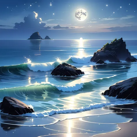 Under the serene glow of a full moon, a tranquil sea stretches out into the horizon. The moonlight casts a silver sheen over the gentle ripples of the water, creating a shimmering path that seems to lead to the moon itself. Soft waves lap at the shore, whi...