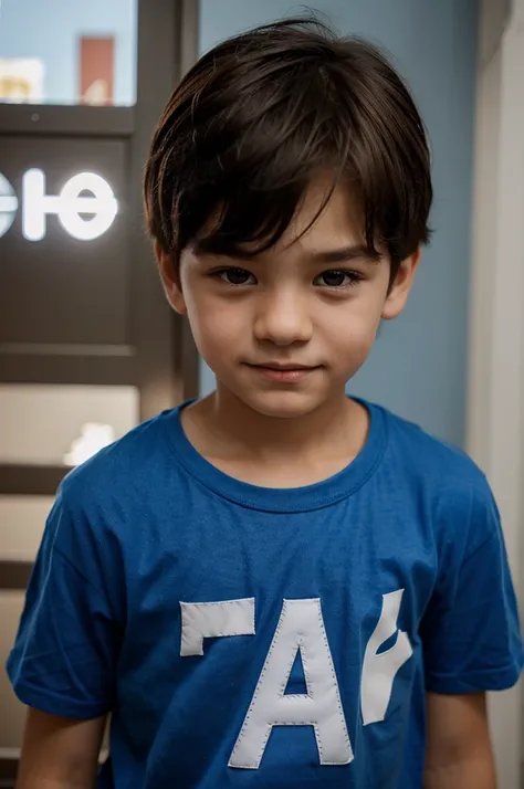 The boy is wearing a blue shirt with the letter A and the boy is very cute