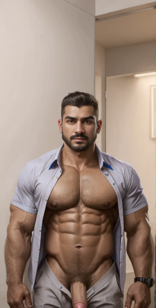 1boy, Mexican, solo, facial hair,34 yrs old, twink, male focus, flaccid penis, pectorals, bara, muscular, mature male, muscular male, abs, beard, ring nipples, short hair, navel, stomach, large pectorals, thick eyebrows, bare pectorals, dark-skinned male, ...