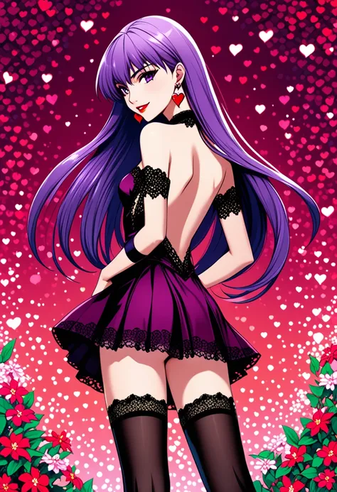 (anime, masterpiece, intricate:1.1), summer aestetic background, comics_darkstalkers_morrigan_aensland, 1girl, Slender hips, slim stomach, thin waist, sexy posing, back view, aesthetically pleasing rear view, looking at viewer, medium breasts, slim body, v...