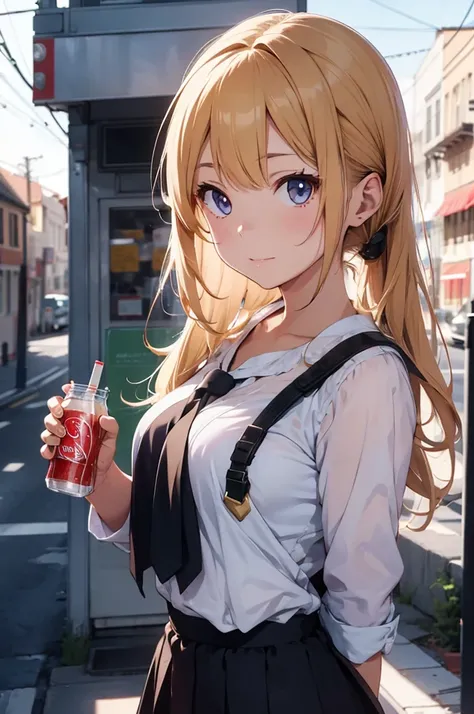 Beautiful modern fashion girl drinks Coca-Cola, cinematic style,8k resolution, soft lighting,super details of skin and hair texture, eyeballs,nase, mouth are realistic details,hair blonde; dynamics, bonitsa, anime 4k, dressed in school clothes