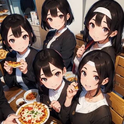 big family eating pizza 、short black hair、black jacket、black slacks、white headband on forehead、coffee with lots of ice