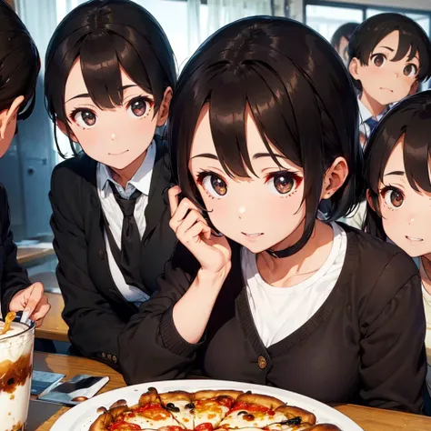 big family eating pizza 、short black hair、black jacket、black slacks、white headband on forehead、coffee with lots of ice