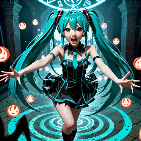 NWSF,a detailed portrait of hatsune miku in a gothic horror ritual summoning scene, miku in a possessed state levitating on one foot, mouth open in a scream, with mysterious shadowy figures in the background, dramatic high angle shot looking up at miku poi...