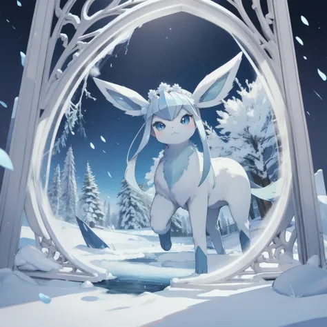 glaceon, snow,pokemon \(creature\),animal,  full body, tree,, (masterpiece, best quality,absurdres: 1.2),, perfect hands,, maste...