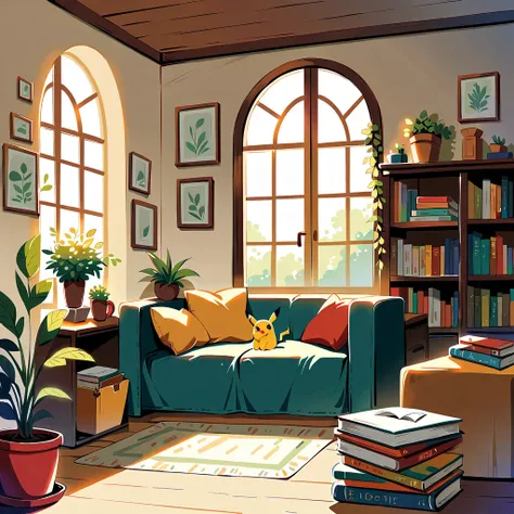  cute scene featuring Pikachu reading a book. Pikachu should be sitting comfortably, perhaps on a cozy cushion or in a quaint reading nook, with an open book in its paws. Use a bright and warm color palette with soft, painterly strokes. Include elements li...