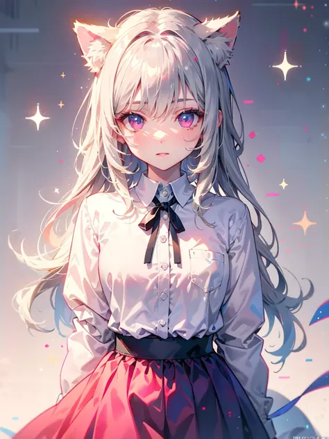 Highly detailed face,fine grain,Sparkling eyes,Highlighted eyes,Medium chest,pretty girl, Longing eyes,Cat ear, Beautiful silver hair,Pink inside,Beautiful pink eyes,Oversized shirt,skirt
