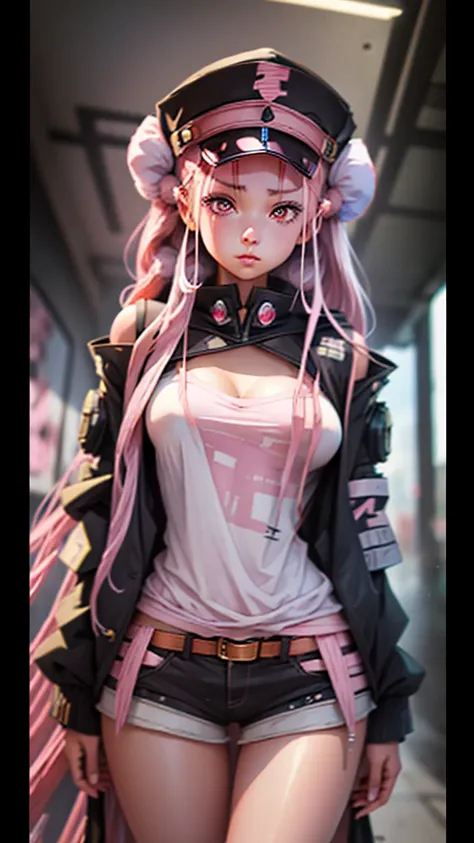 beautiful woman medium hair, wearing a hat, cyberpunk shorts,masterpiece, highest quality, high resolution, (an illustration),{d...