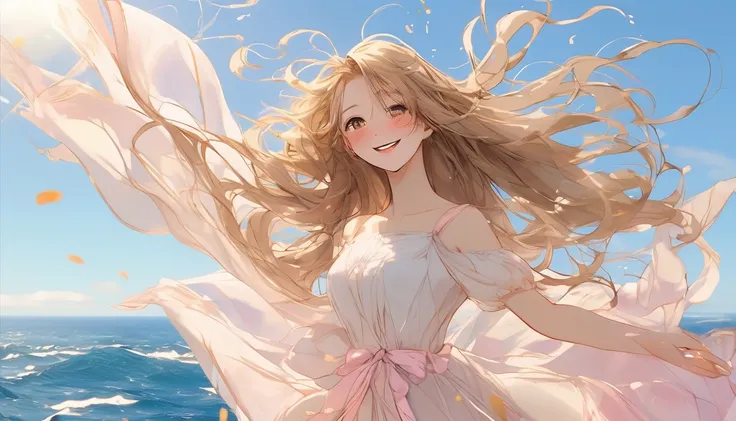 Beautiful face girl、Blonde long hair、Smiling with teeth showing、The wind is blowing, Ocean view background、Very deep background、Golden Ratio、Golden Ratio、Brown Hair, Brown eyes, Pink Mesh, Ocean, Low - Angle, Vibrant colors, White Dress, Paint splashes, Si...