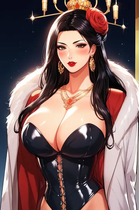 Hot sexy beautiful milf empress of kingdom, big heavy long chandelier earrings,big breast,black hair,free long hair,blush,black eyes,1 girl, necklace ,one hair bun,hair brochure, lipstick, Indian traditional  necklace, bangles,queen traditional accessories...