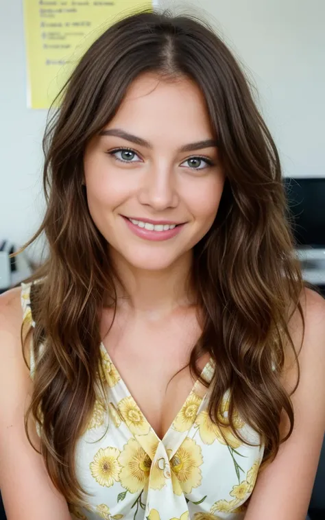 smiling, happy, beautiful brunette, sitting at an office desk, smiling wearing a pretty yellow dress with flowers on, large office with computers, very detailed, 40 years, innocent face, long hair, natural wavy, blue eyes, high resolution, masterpiece, bes...