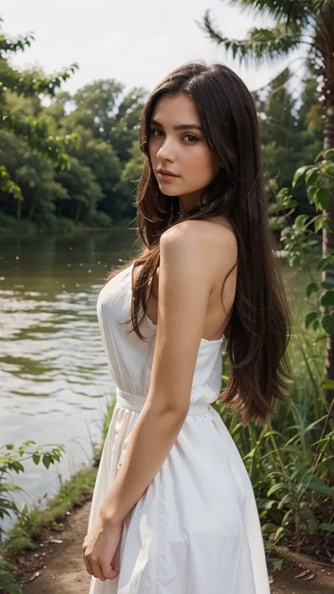 Beautiful brunette woman with long hair dressed in a white rubashka , perfect figure, very beautiful, beautiful face and eyes, realistic on the background of nature. Neckline.