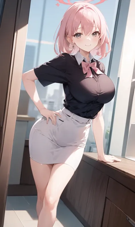 ((masterpiece, best quality)), (1girl),((mature female)), lightpink hair, halo, horn, ((office lady )),bangs,middle breast,(busty),slim,smile, [wide hips],office,standing, aru (blue archive),